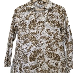 Womens Cotton Embroidered Pull Over Long Sleeve Top Size Medium White Tan Sheer